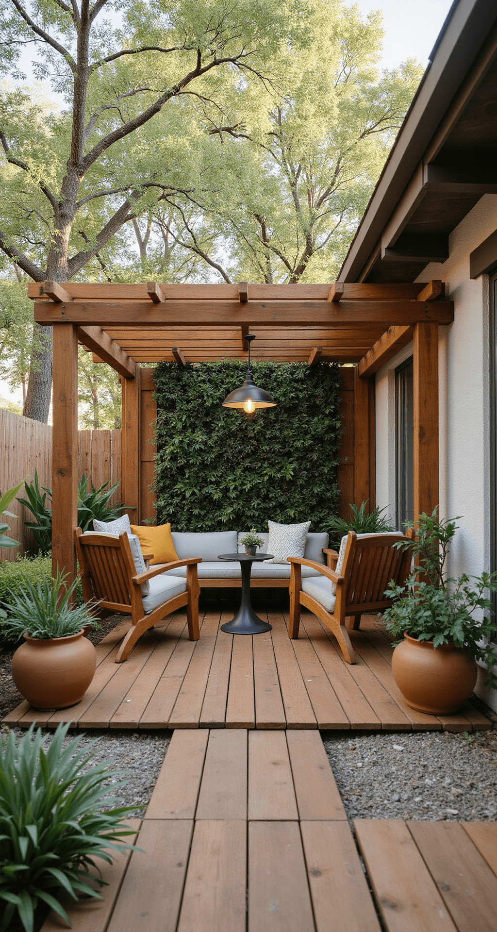Eye-level view of a sustainable garden patio in morning light, featuring a reclaimed teak deck and a 12ft living wall with native plants and succulents. FSC-certified wooden furniture with organic curves is set under a pergola with solar-powered pendant lights. Drought-resistant plants in terra cotta planters add to the natural palette of browns, greens, and sand tones, with soft sunlight filtering through bamboo privacy screens.