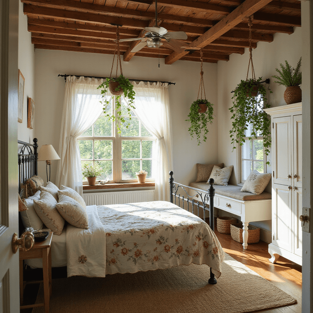 Sunlit Cottagecore bedroom with wooden beams, vintage iron bed with floral quilts, macramé plants, lace curtains, distressed white furniture, and rustic decor.