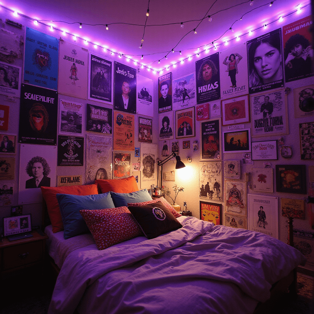 A twilight-lit Indie bedroom featuring a statement wall with vintage concert posters and Polaroids, accented by purple LED strip lighting and a sunset lamp. Mismatched bold-patterned throw pillows on an unmade bed, string lights zigzagging the ceiling, and collected trinkets and art pieces create organized chaos, with dynamic shadows and highlights.