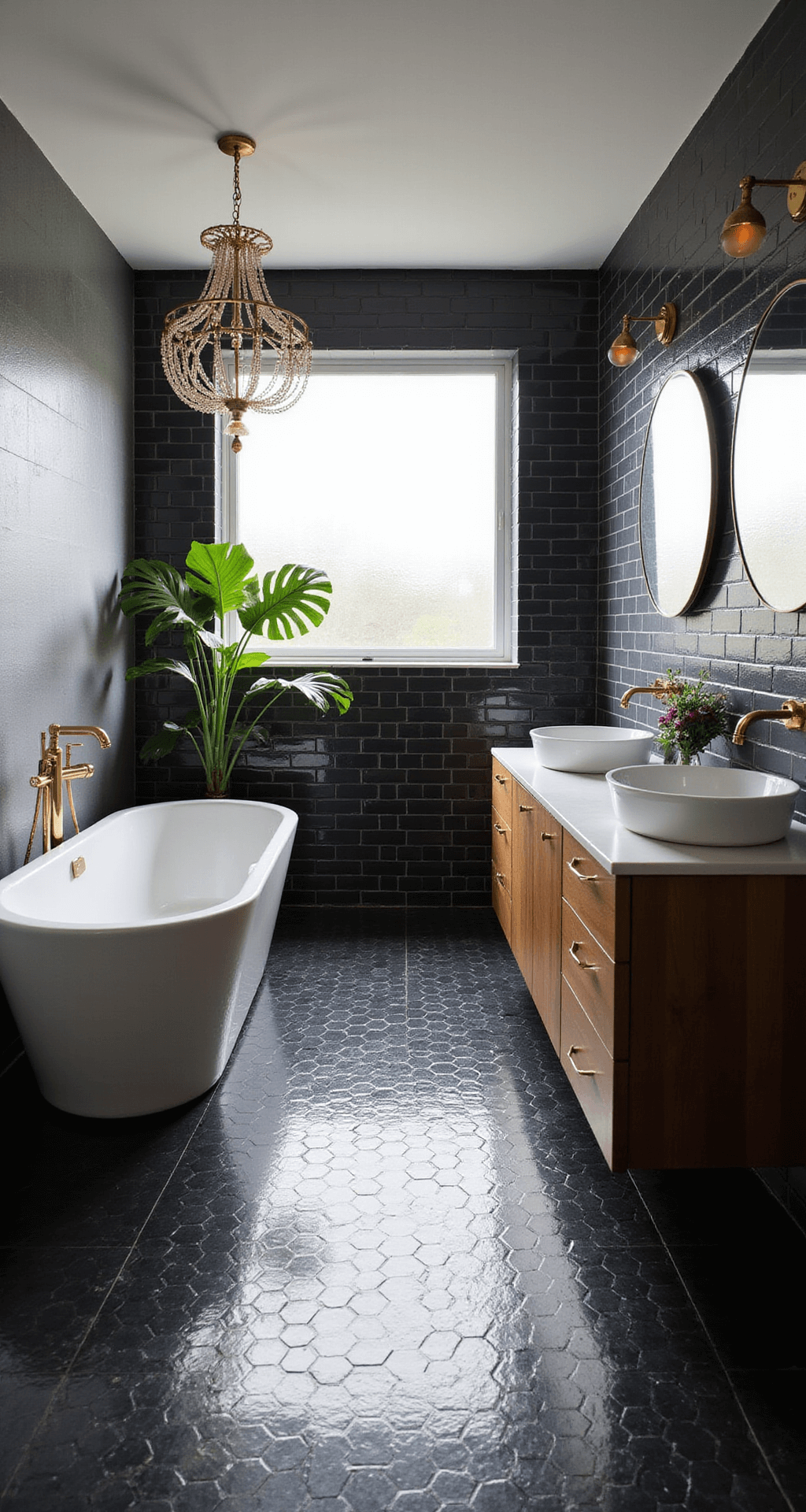 Luxurious master bathroom with black tiles, a white tub, brass chandelier, and walnut vanity, bathed in soft morning light from a large frosted window.
