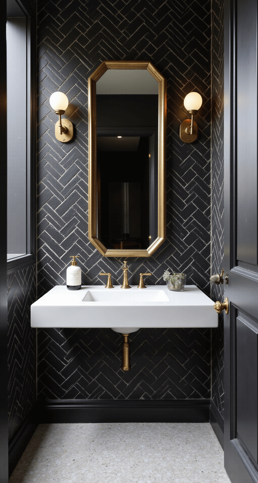 A modern powder room with a black herringbone-patterned tile feature wall behind a floating vanity, accented by an antique brass mirror and sconces. White penny tiles cover the floor, contrasting with the dark wall. The scene is lit by moody afternoon light, highlighting the room's modern minimalist style with vintage touches.