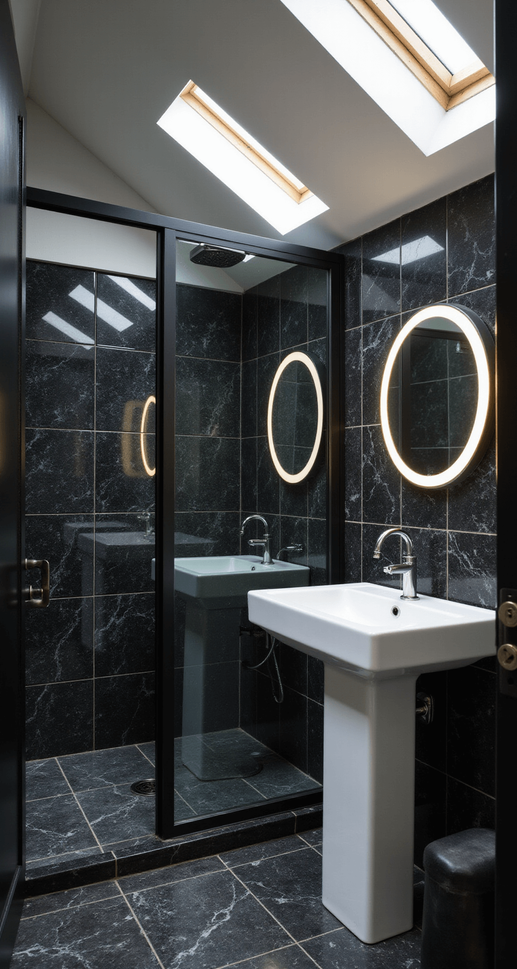Luxurious shower room with glossy black marble-effect tiles, skylight reflections, matte black glass enclosure, white pedestal sink, and large LED-backlit mirror.