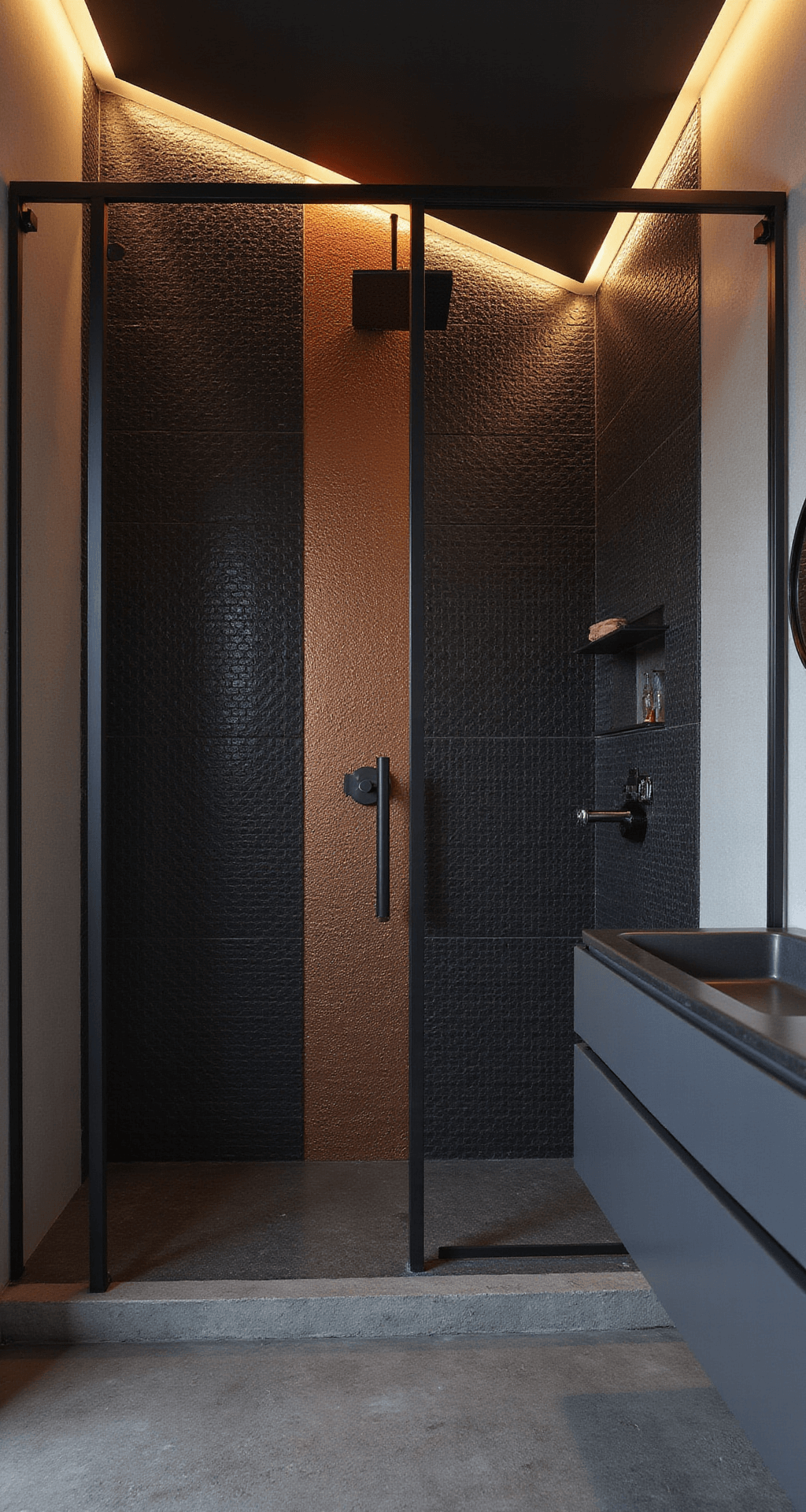 A modern bathroom with a black mosaic feature wall accented by metallic copper, industrial black metal shower and vanity frames, warm LED cove lighting, and charcoal grey concrete-look tiles, all captured in an evening setting.
