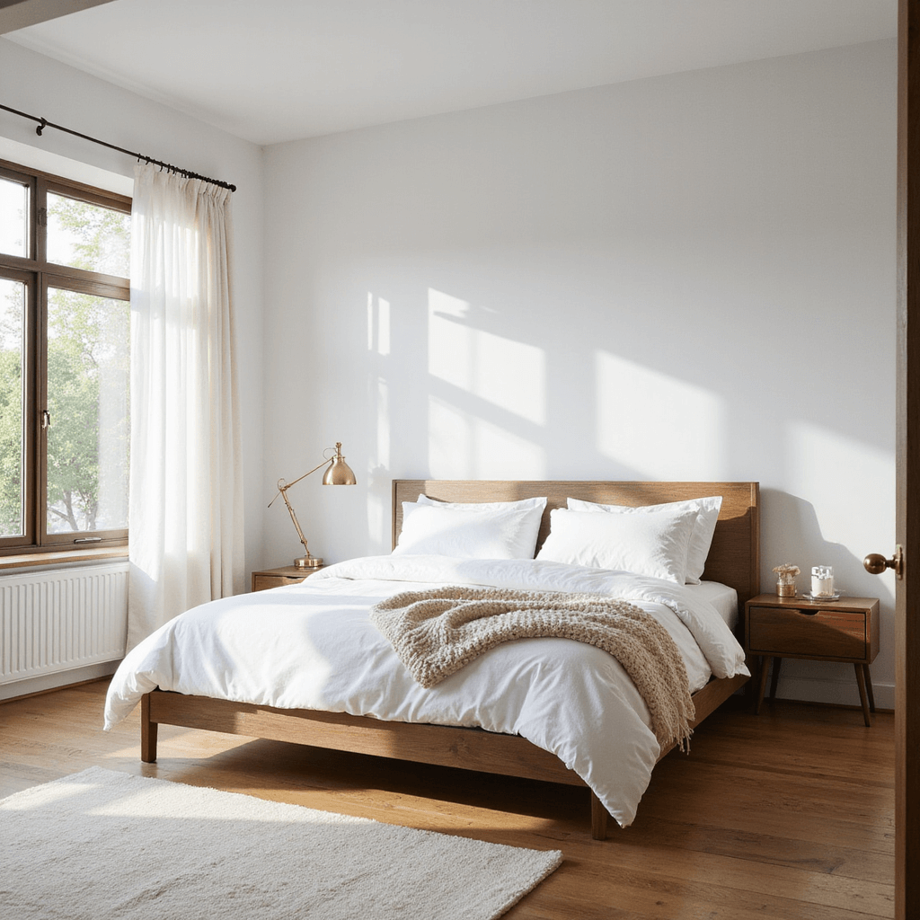 A spacious minimalist bedroom with white walls and warm oak flooring, featuring a platform bed with crisp white linens, floating walnut nightstands, a chunky ivory knit throw, linen curtains, and a plush cream area rug, all illuminated by morning light streaming through floor-to-ceiling windows.
