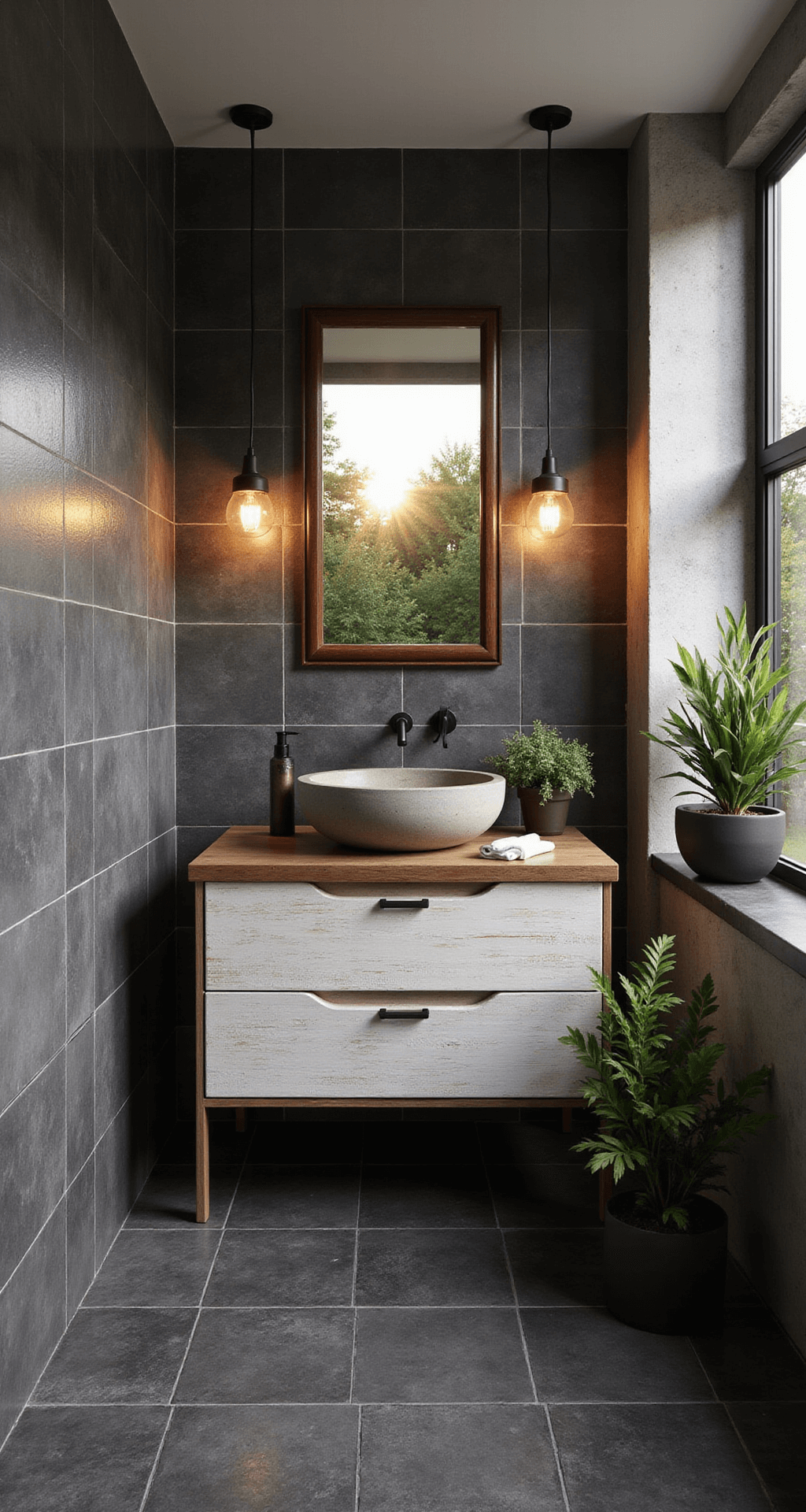 A stylish 11x14ft bathroom with floor-to-ceiling black slate tiles that vary in texture, an organic contrast provided by a whitewashed oak vanity with a concrete vessel sink. Backlit mirror and pendant lights offer soft illumination, enhanced by golden hour warmth reflecting off the natural stone. Multiple plants add life and vibrant pops of color.