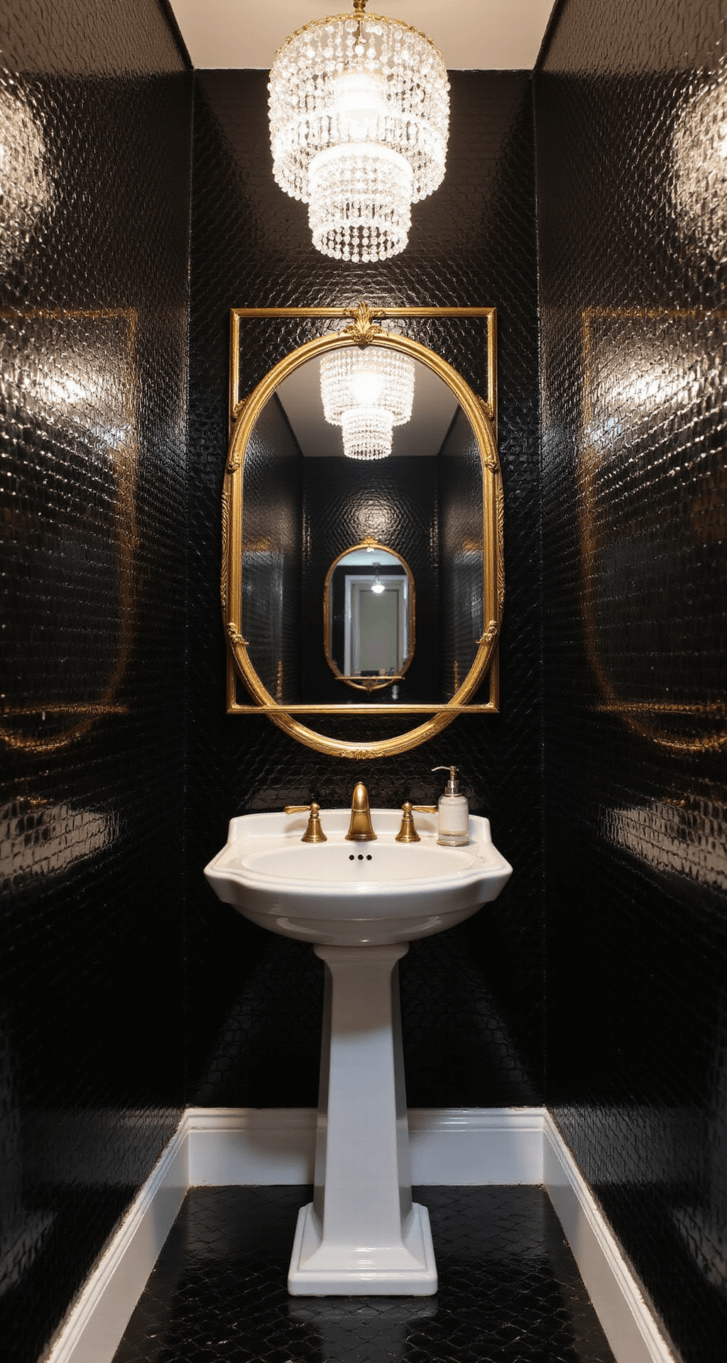Elegant powder room with black penny tiles, a crystal chandelier, white pedestal sink, and gold-framed mirror, creating a glamorous and intimate ambiance.