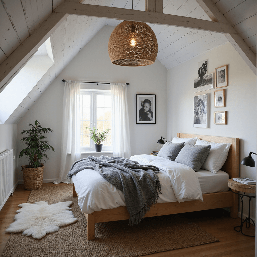 Cozy Scandinavian-style bedroom with pitched white ceiling, light blonde wood bed, cloud-white bedding, and grey throws, lit by golden hour light filtering through sheer curtains, featuring a rattan pendant light and a black and white photography gallery wall, with a layered sheepskin rug over natural jute, creating an intimate atmosphere.
