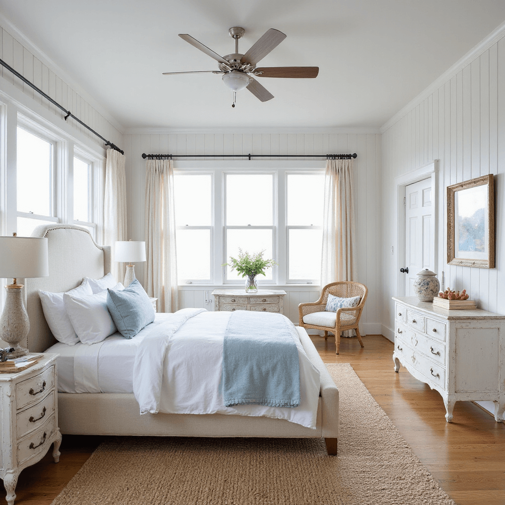 Airy master bedroom featuring white board and batten walls, a king bed with layered white and pale blue linens, and distressed white furniture, illuminated by mid-morning light through multiple windows, with natural elements including a jute rug and coral accessories.
