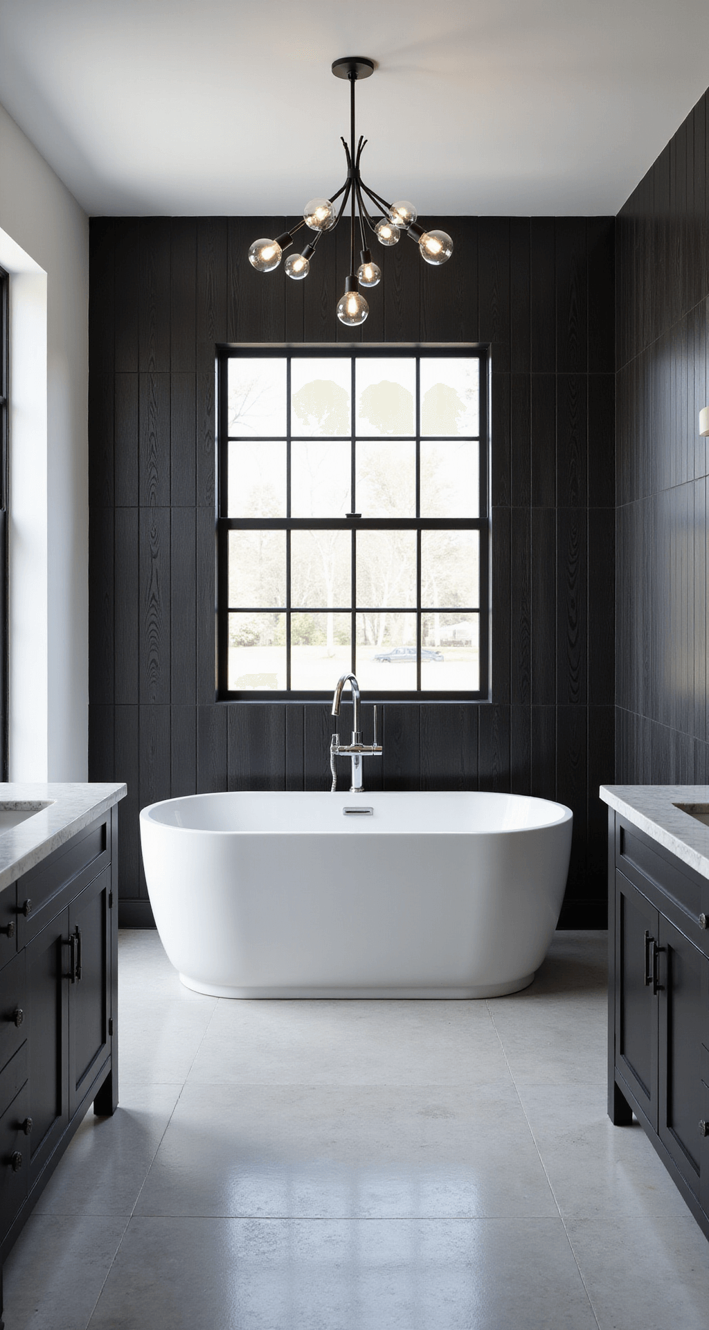 A modern family bathroom with black wood-effect tiles arranged vertically, featuring a white freestanding tub under a sputnik chandelier. A matte black double vanity with a Carrara marble top is present, alongside a large window with a black grid pattern, highlighting the contrast and texture.