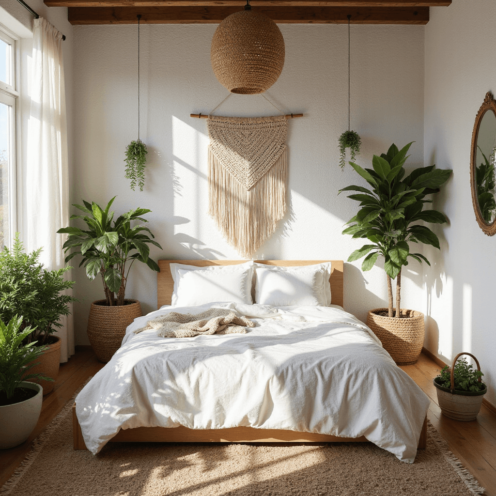 A sun-drenched bohemian bedroom featuring textured white stucco walls, a low platform bed with rumpled white linen, potted palms, hanging plants, a macramé wall hanging, and a vintage Moroccan rug, all illuminated by afternoon light that casts dramatic shadows. A rattan pendant and brass mirror enhance the airy, organic feel of the space.