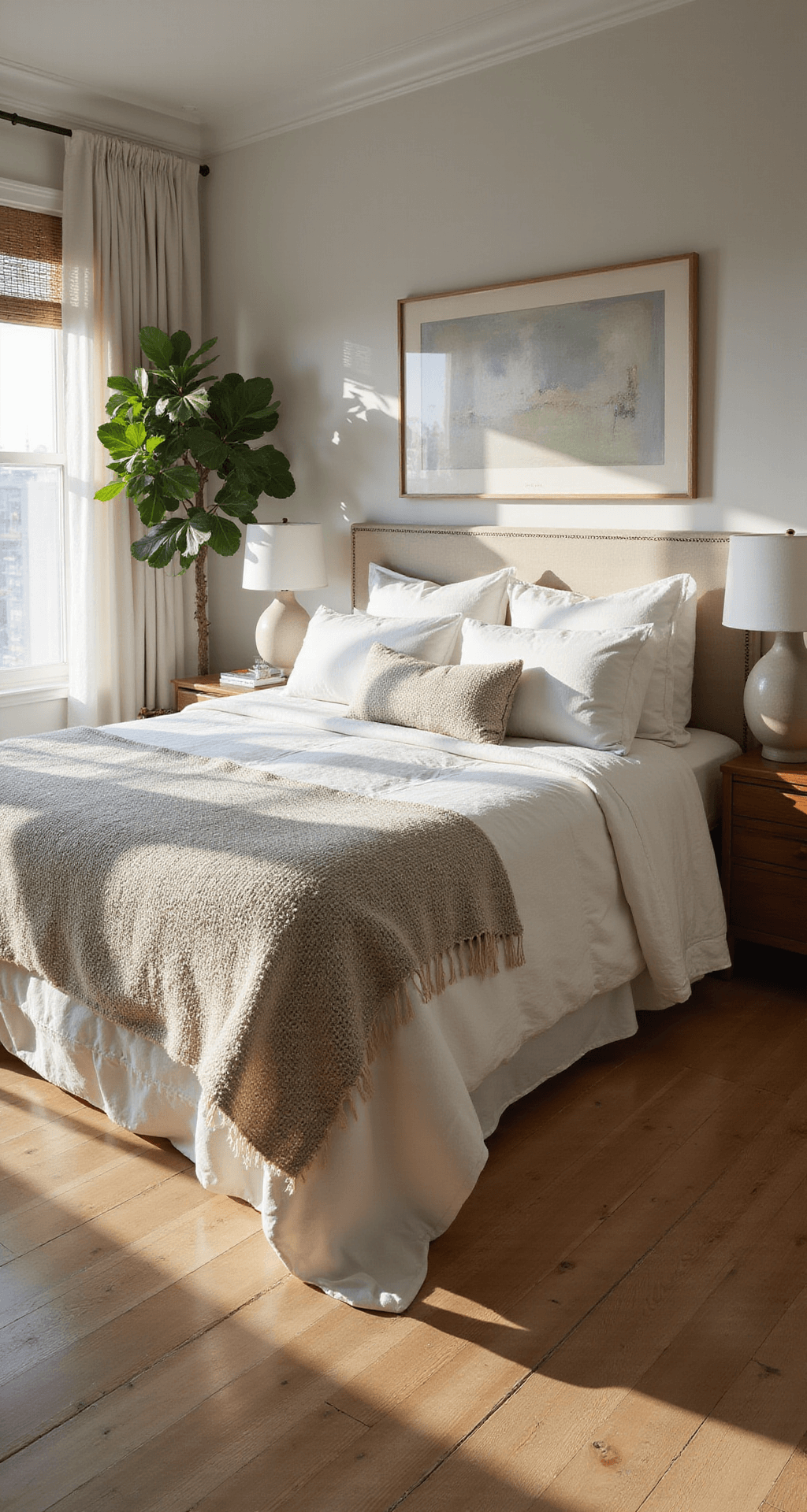 A cozy master bedroom at golden hour with sunlight filtering through linen curtains, highlighting white oak flooring and a king-sized bed with layered white bedding. Minimalist walnut nightstands with ceramic lamps sit beside, and a fiddle leaf fig tree adds a touch of nature. An abstract artwork hangs above the bed.