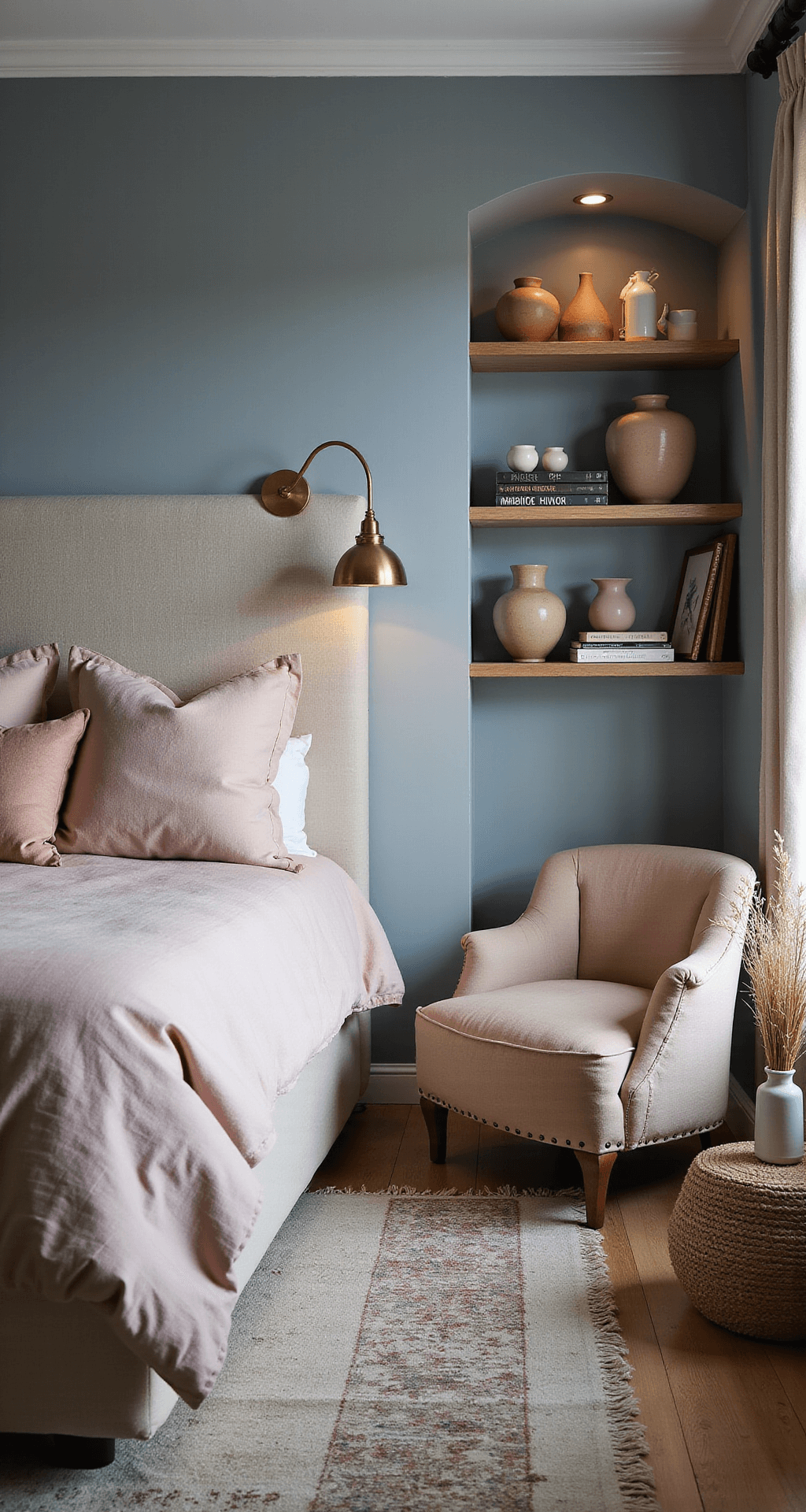 A cozy bedroom sanctuary at blue hour with a queen bed in blush linens, dramatic upholstered headboard, dimmable brass sconces, reading nook with bouclé armchair, oak shelves, vintage rugs, and ceramic vessels with dried pampas grass.