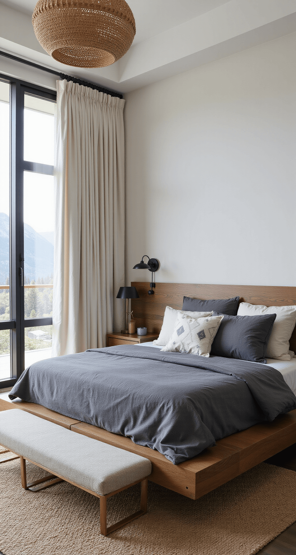 Contemporary bedroom with floor-to-ceiling windows, showcasing mountain views, motorized ivory silk drapes, walnut platform bed with charcoal linen bedding, geometric pillows, floating nightstands, boucle bench, brass accents, jute rug, and pendant light.