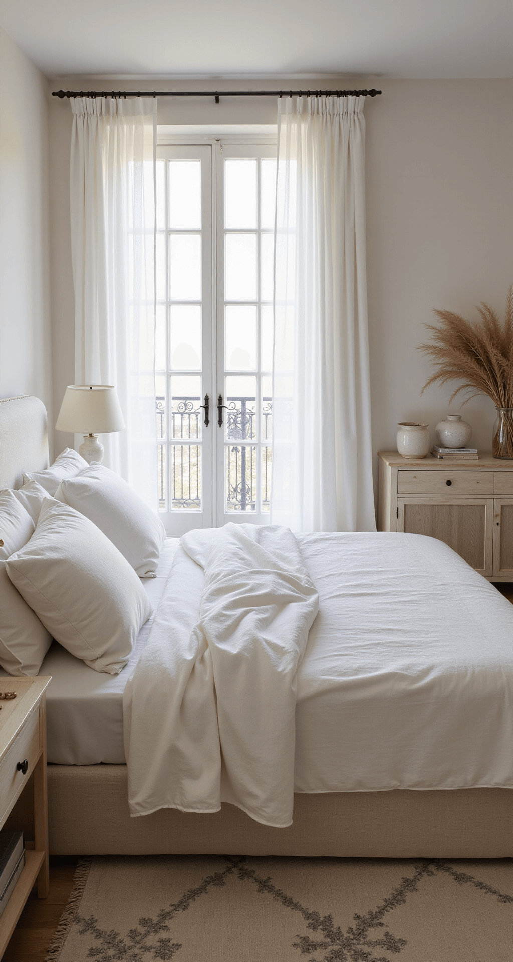 A serene 13x15ft bedroom at dawn with sheer white curtains, a curved cream bed, blonde wood nightstands, soft lighting, and natural accessories.