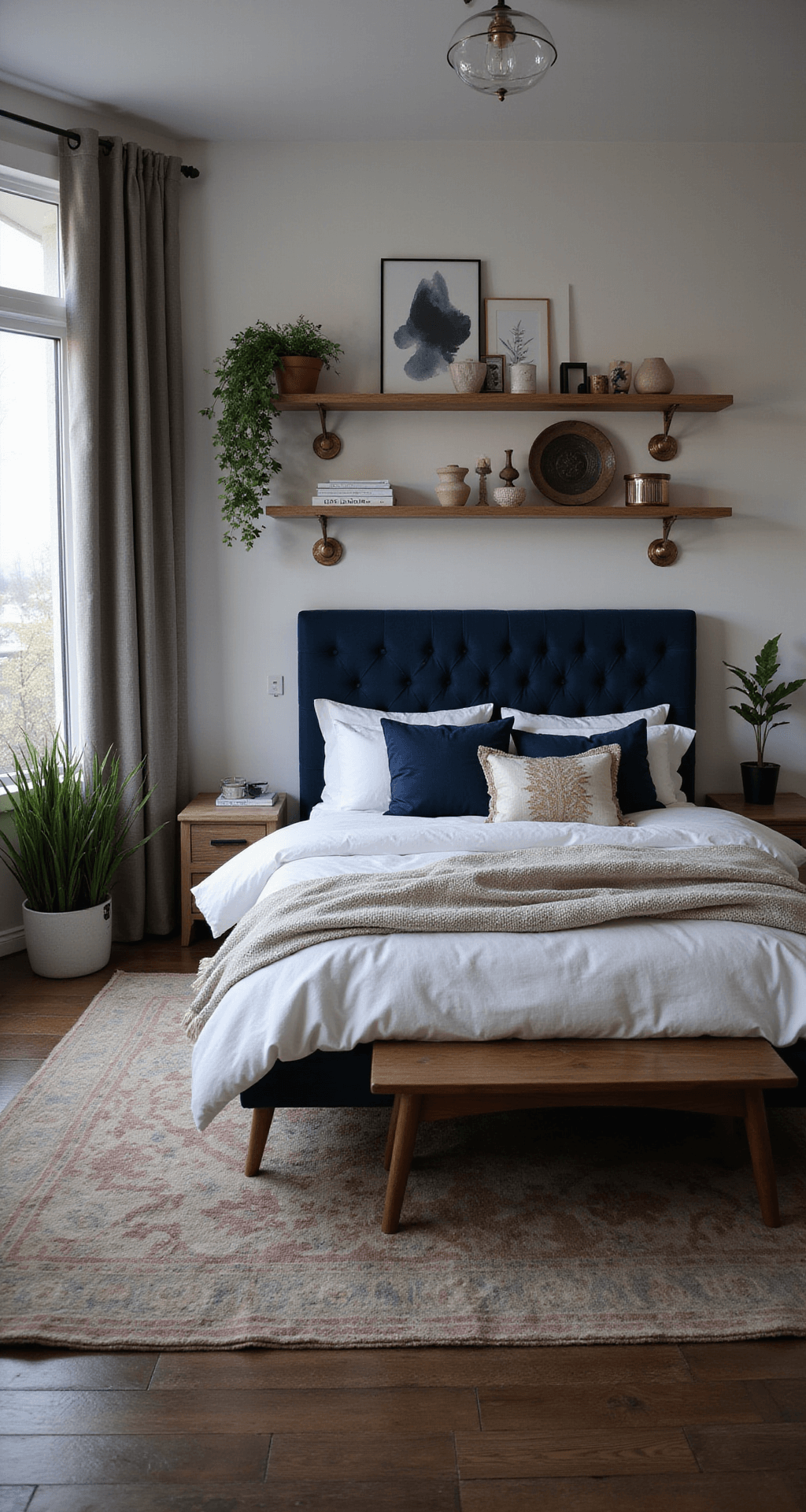 A cozy bedroom with a deep navy velvet headboard, white oak shelves displaying art, layered white and grey bedding, navy and gold pillows, brass reading lights, a vintage rug, and ivory linen curtains, enhanced by dramatic dusk lighting.