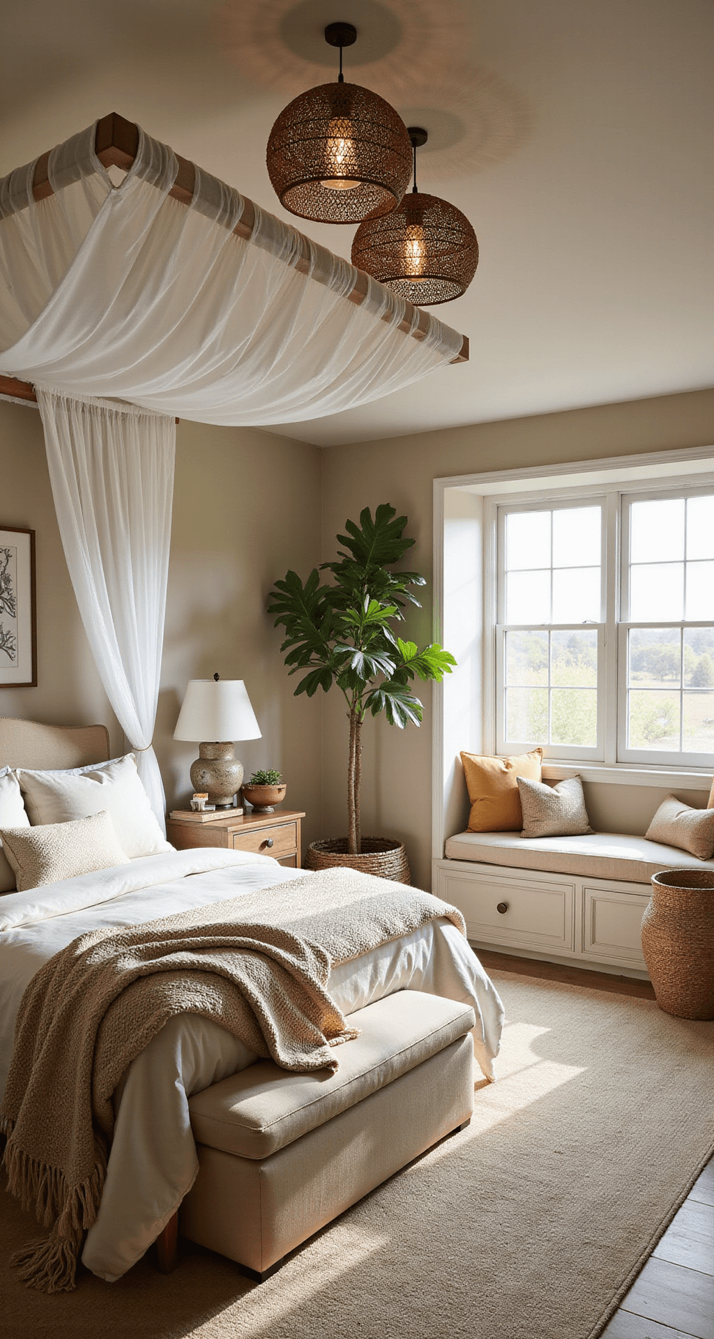 Wide-angle view of a serene primary bedroom with a canopy bed draped in sheer white fabric, layered in ivory linens. Rattan pendant lights create patterns on warm greige walls. Window seats with plush cushions provide coziness, while handwoven baskets and earthy pottery add warmth. Large monstera plants brighten sunny corners.