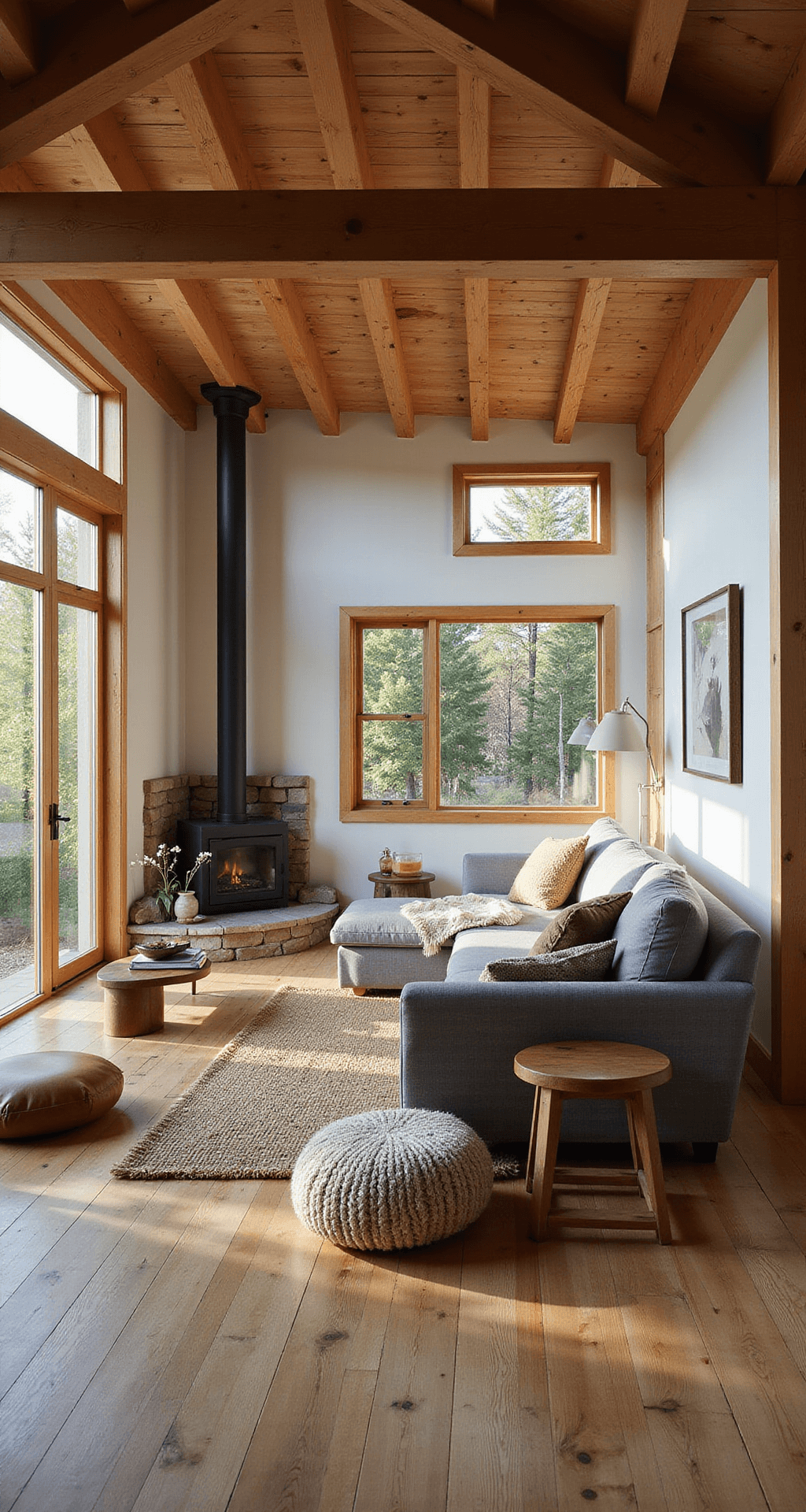 Rustic living room with exposed beams, large windows, stone fireplace, grey sectional, and blending natural textures in a cozy, sunlit cabin setting.