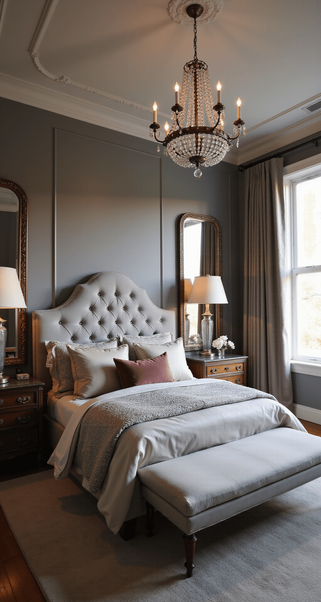 Luxurious bedroom at sunset with grey tufted headboard, pearl and silver bedding, muted rose pillows, crystal chandelier, boucle chaise, and orchids, capturing warm golden light and rich textures.