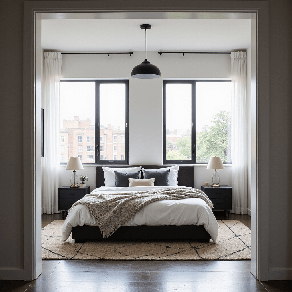 A contemporary bedroom with a white platform bed, matte black nightstands, and sunlight streaming through floor-to-ceiling windows, featuring layered textures with velvet cushions and a chunky knit throw, all highlighted by a minimalist black metal pendant light, creating a serene and sophisticated atmosphere.
