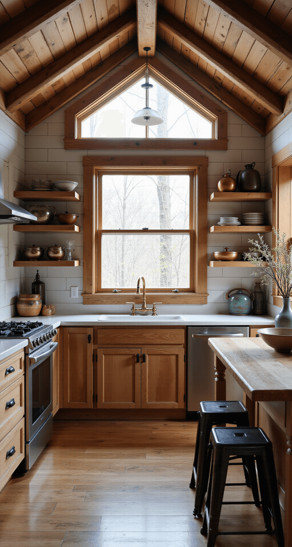 A compact rustic kitchen with vaulted ceilings, featuring reclaimed wood beams, farmhouse sink, open shelving with pottery, stainless appliances, alder cabinets, and a small prep island with metal stools. Natural morning light filters through garden-facing windows.