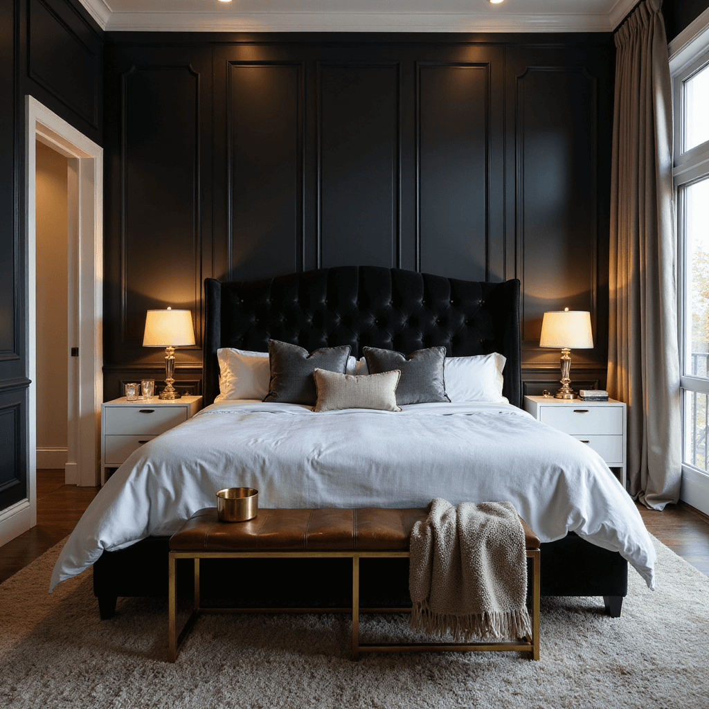 Intimate 12x12ft bedroom at golden hour, showcasing dramatic black walls with white trim, a king bed with a tufted black velvet headboard, glossy white side tables, and mixed metallic accents. The room features layers of silk drapes, a leather bench, and a plush area rug, captured from a corner angle to emphasize depth under warm natural and ambient lighting.