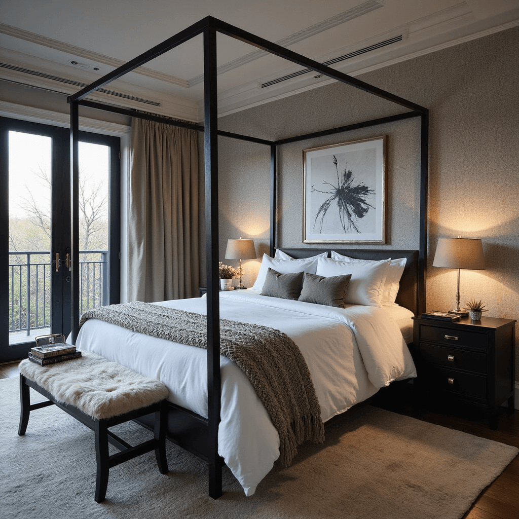 A sophisticated primary bedroom with a coffered ceiling and French doors, featuring a black iron canopy bed with crisp white bedding as the focal point. Textured elements include woven wallpaper, cable-knit throws, and sheepskin accents, with large-scale black and white abstract art on the walls. The low camera angle captures the height of the room, enhanced by dramatic side-lighting.