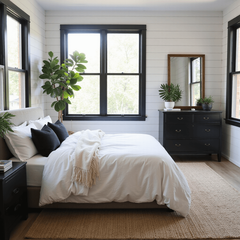 Cozy 10x12ft bedroom featuring white shiplap walls, black window frames, a plush queen bed with white linens and black pillows, a vintage black dresser with a modern mirror, a potted fiddle leaf fig, and a natural fiber rug, all illuminated by afternoon light from an elevated angle.