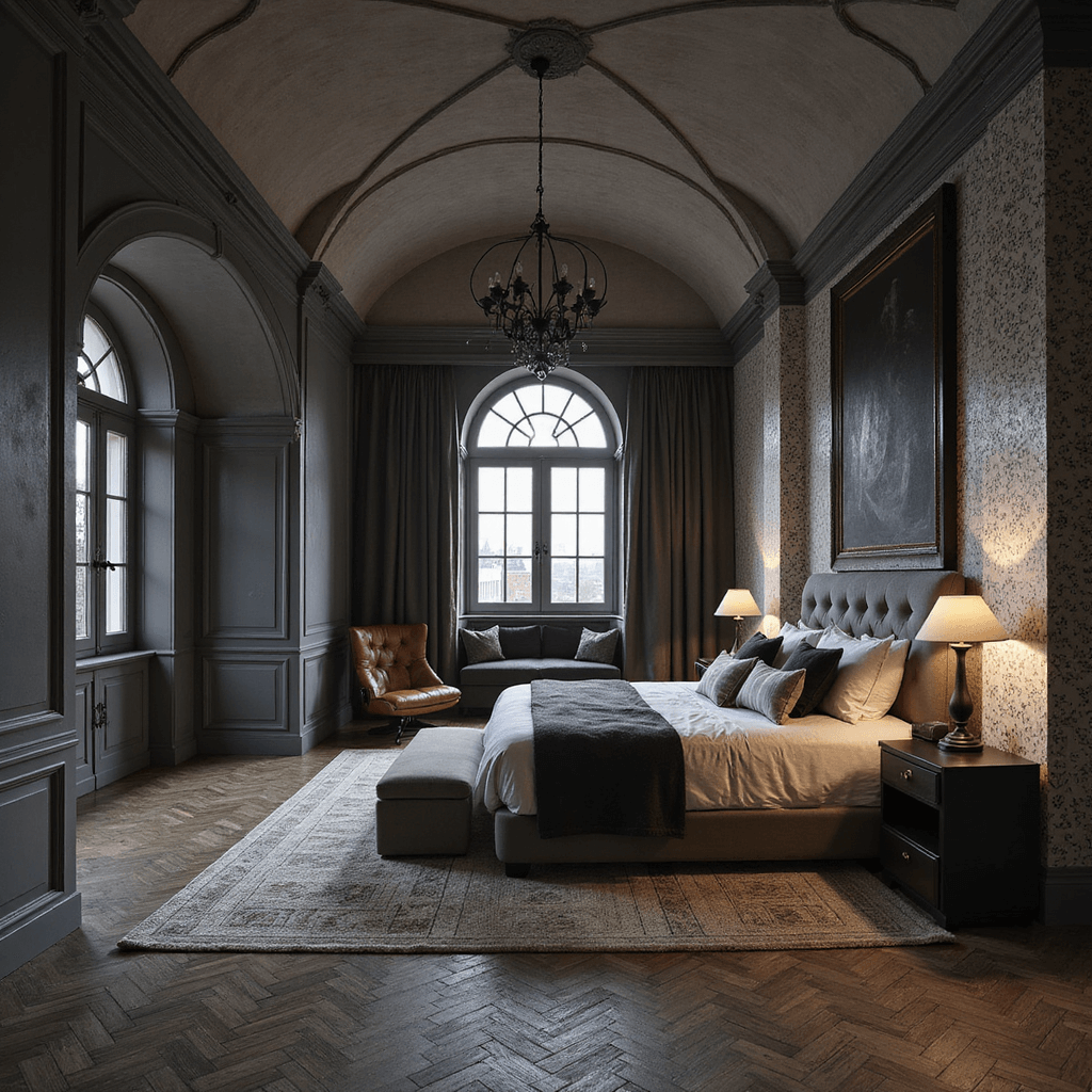 A spacious 16x20ft bedroom at twilight, featuring architectural arches, built-ins, herringbone floors, geometric wallpaper, and striped bedding. A matte black metal chandelier illuminates the room, with multiple seating areas including a leather accent chair and window bench. Dramatic uplighting accentuates the architectural details, evoking a mood of timeless glamour.