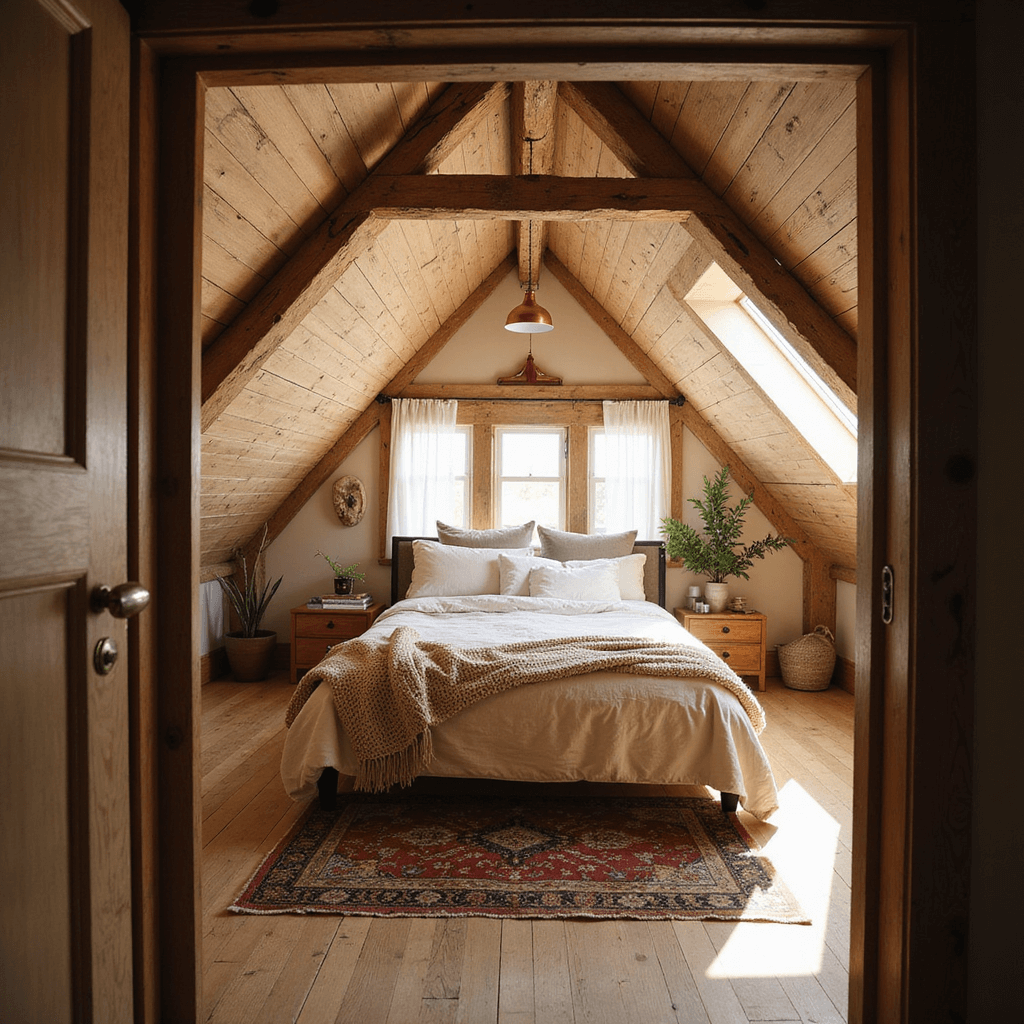 A sunlit attic bedroom with a king bed under sloped ceilings, rustic wooden beams, and weathered oak floors, featuring vintage decor, sheer curtains, and trailing plants in a warm, cozy atmosphere.