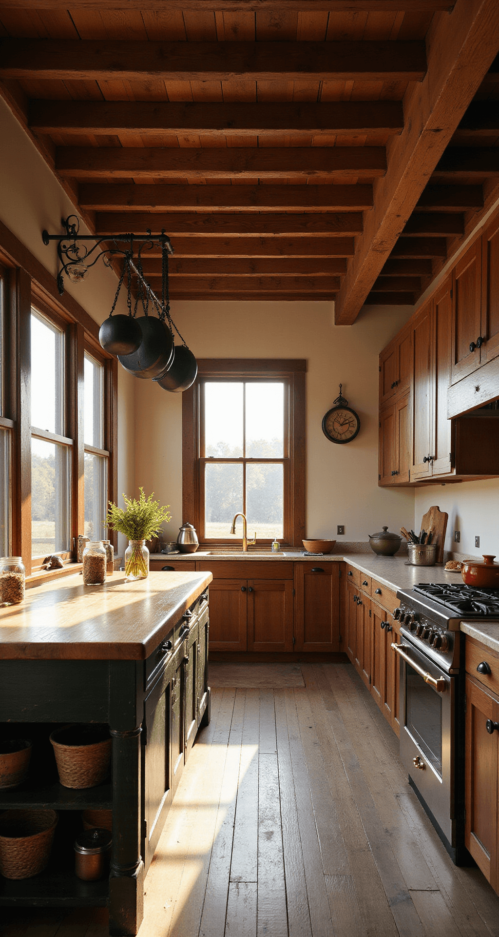 A sunlit primitive kitchen with exposed wooden beams, shaker cabinets in walnut, and a center island with distressed black paint and butcher block top, surrounded by warm colors and natural backlighting.