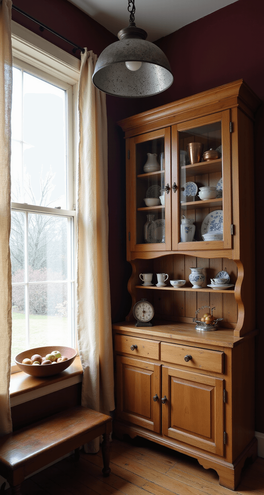 Eye-level view of an antique pine hutch in a primitive kitchen, showcasing ironstone pottery and copper vessels behind original glass. Soft daylight filters through linen curtains, with a tin pendant lamp casting shadows. A wooden bowl of dried apples and vintage scale add authenticity, set against rich burgundy walls.