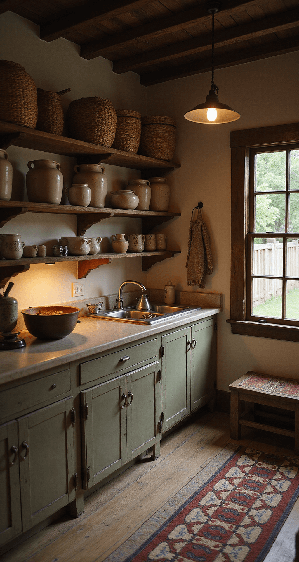 Overhead view of a rustic kitchen with reclaimed barnwood shelves holding stoneware crocks and baskets, soapstone counters, an oil lamp, and a quilted runner in deep sage, cream, and rust tones.