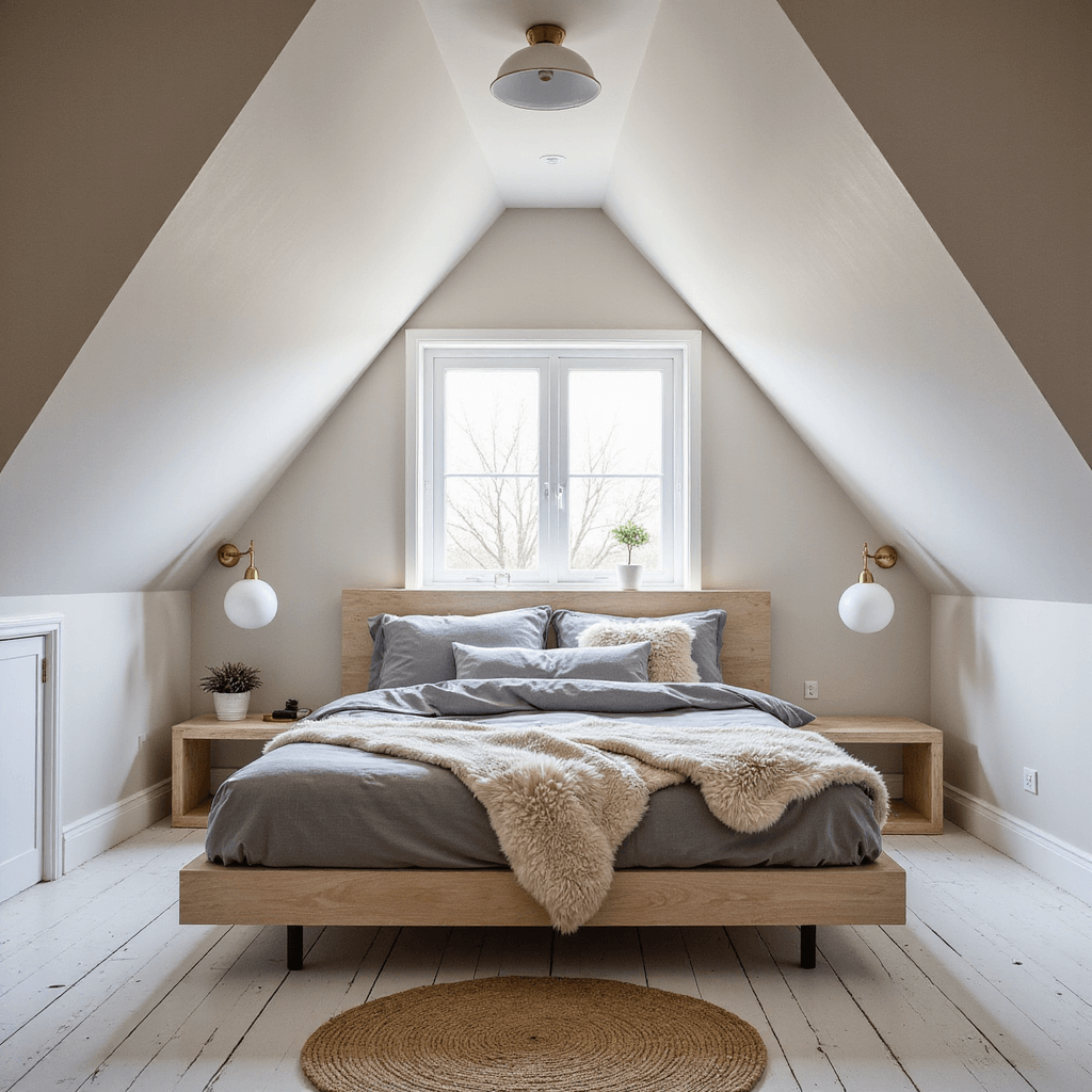 A Scandinavian-inspired attic bedroom at dawn featuring a custom built-in bed nook with pale birch plywood, sheepskin throws, gray linen bedding, minimal floating nightstands, white globe pendants, whitewashed floorboards, and a round jute rug. The scene is softly lit by morning light streaming through east-facing windows, with wall-mounted brass swing arm lamps adding warmth to the space. The wide angle shot captures the room's full depth from the entrance.