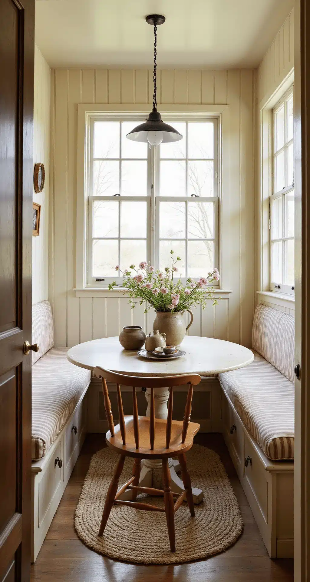 Morning light fills a small 6x8ft kitchen breakfast nook with vintage charm; features include a built-in bench with ticking stripe upholstery, a distressed round pedestal table adorned with hand-thrown pottery and fresh wildflowers, cream vertical shiplap walls, a braided wool rug, and worn Windsor chairs.