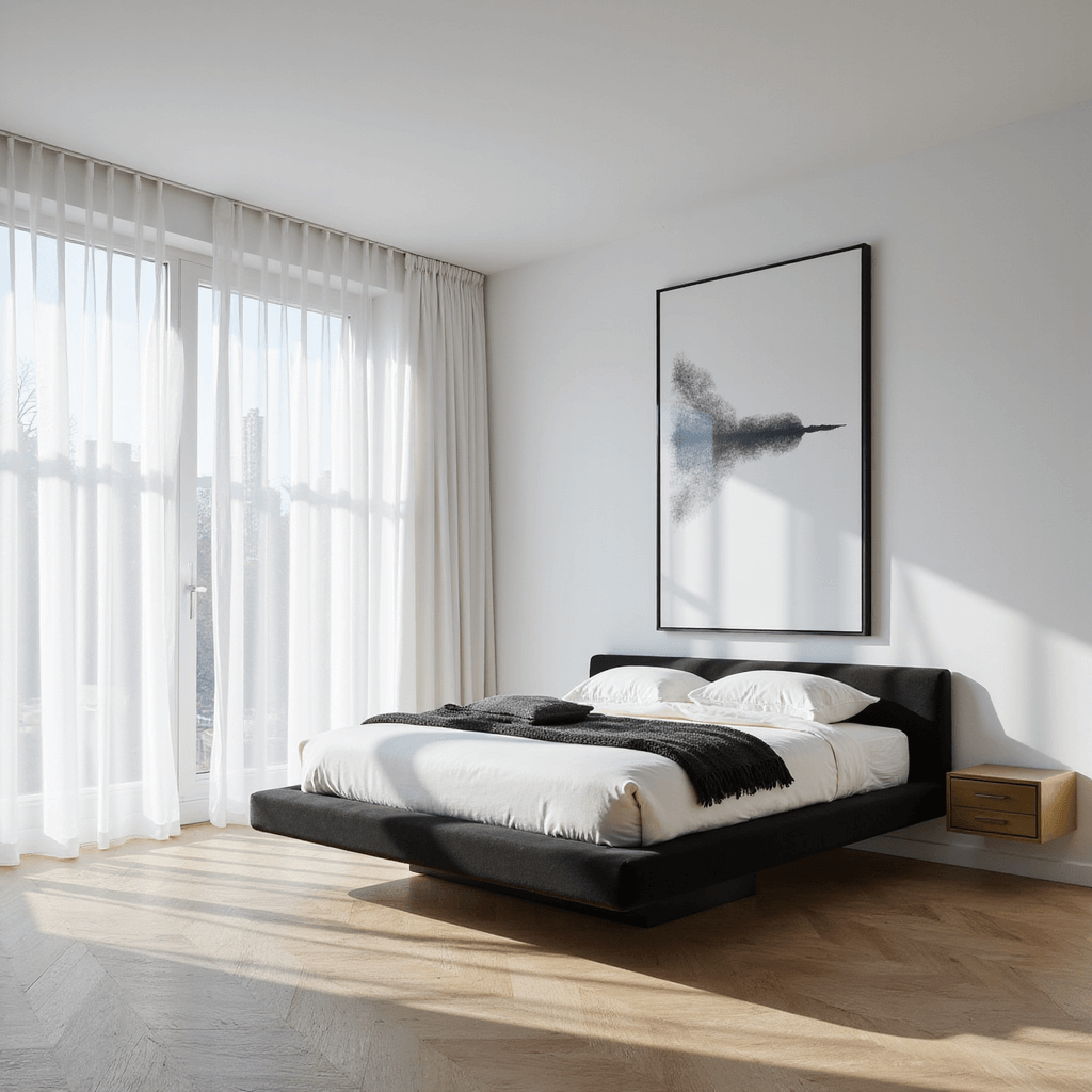 A modern minimalist bedroom with floor-to-ceiling windows, featuring a low-profile black platform bed, white linens, brass nightstands, and an oversized black and white abstract canvas, illuminated by morning light.