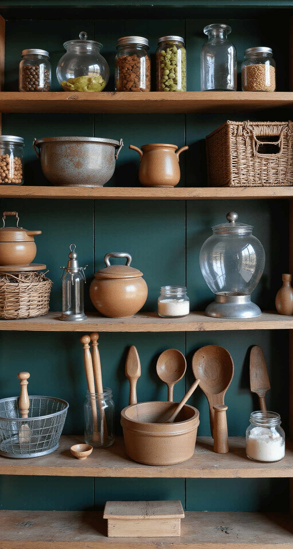 Primitive kitchen storage with open reclaimed oak shelving showing vintage jars, wire baskets, and wooden utensils against a forest green background, highlighted by natural side lighting.