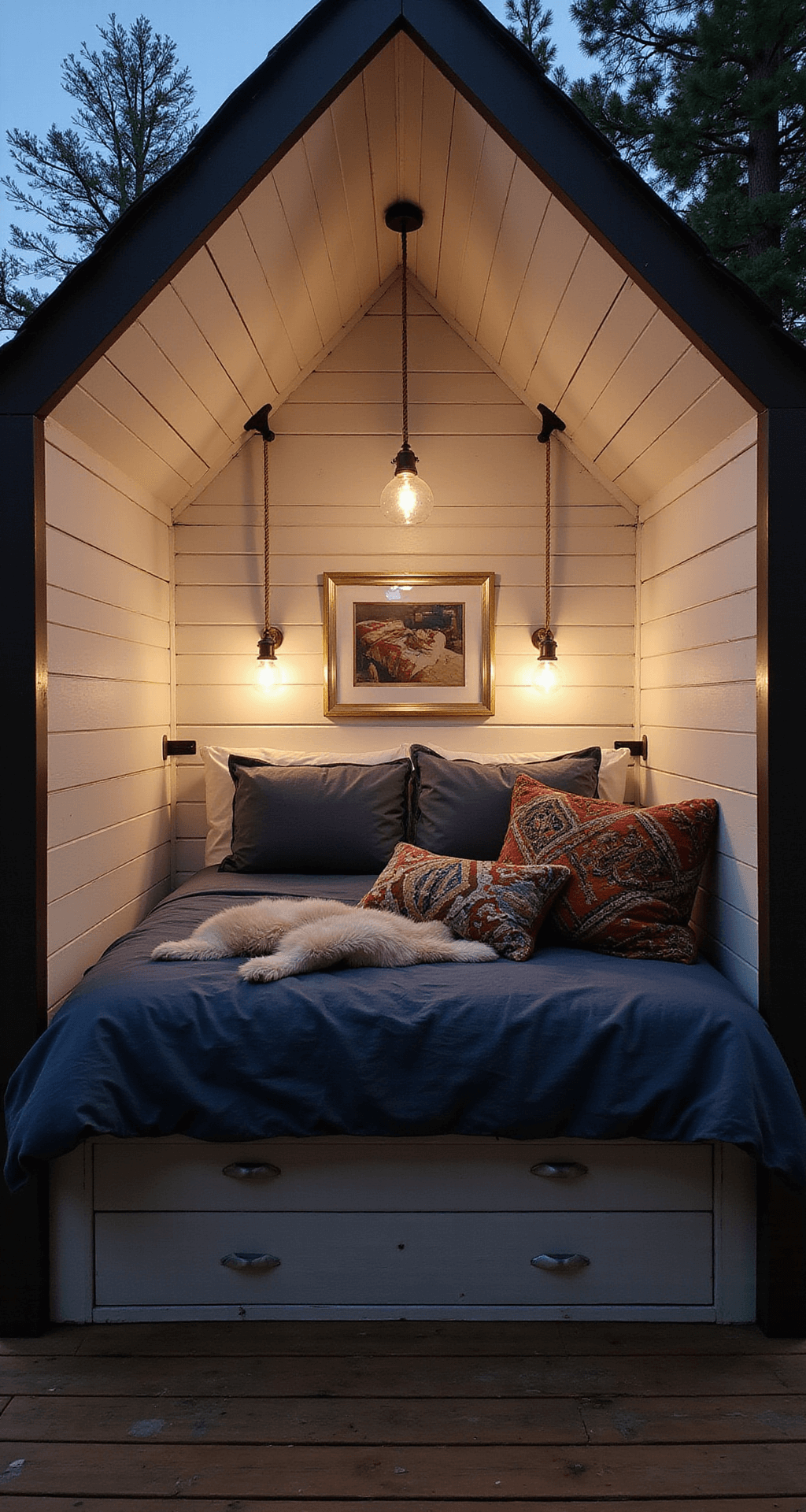 A cozy elevated sleeping loft with a sharply angled roofline, featuring a built-in queen bed with indigo bedding and hidden storage. The whitewashed shiplap walls contrast with vintage kilim pillows and sheepskin throws. Warm lighting from rope pendant lights and wall sconces creates an intimate atmosphere. The low camera angle from the entry ladder highlights the loft’s cozy containment and architectural lines.