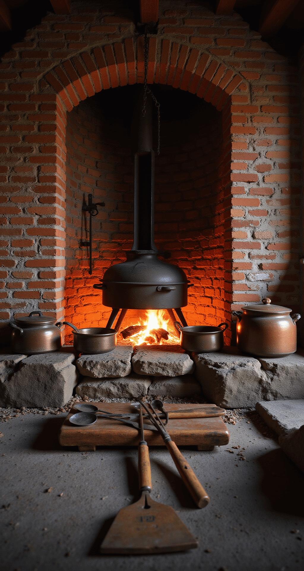 A twilight scene of an old kitchen hearth with a large cooking fireplace featuring an original crane and Dutch oven, surrounded by worn handmade bricks. Iron trivets and long-handled cooking tools are placed on rough stones, while copper pots reflect the warm glow of a banked fire, highlighting deep reds and aged metals.