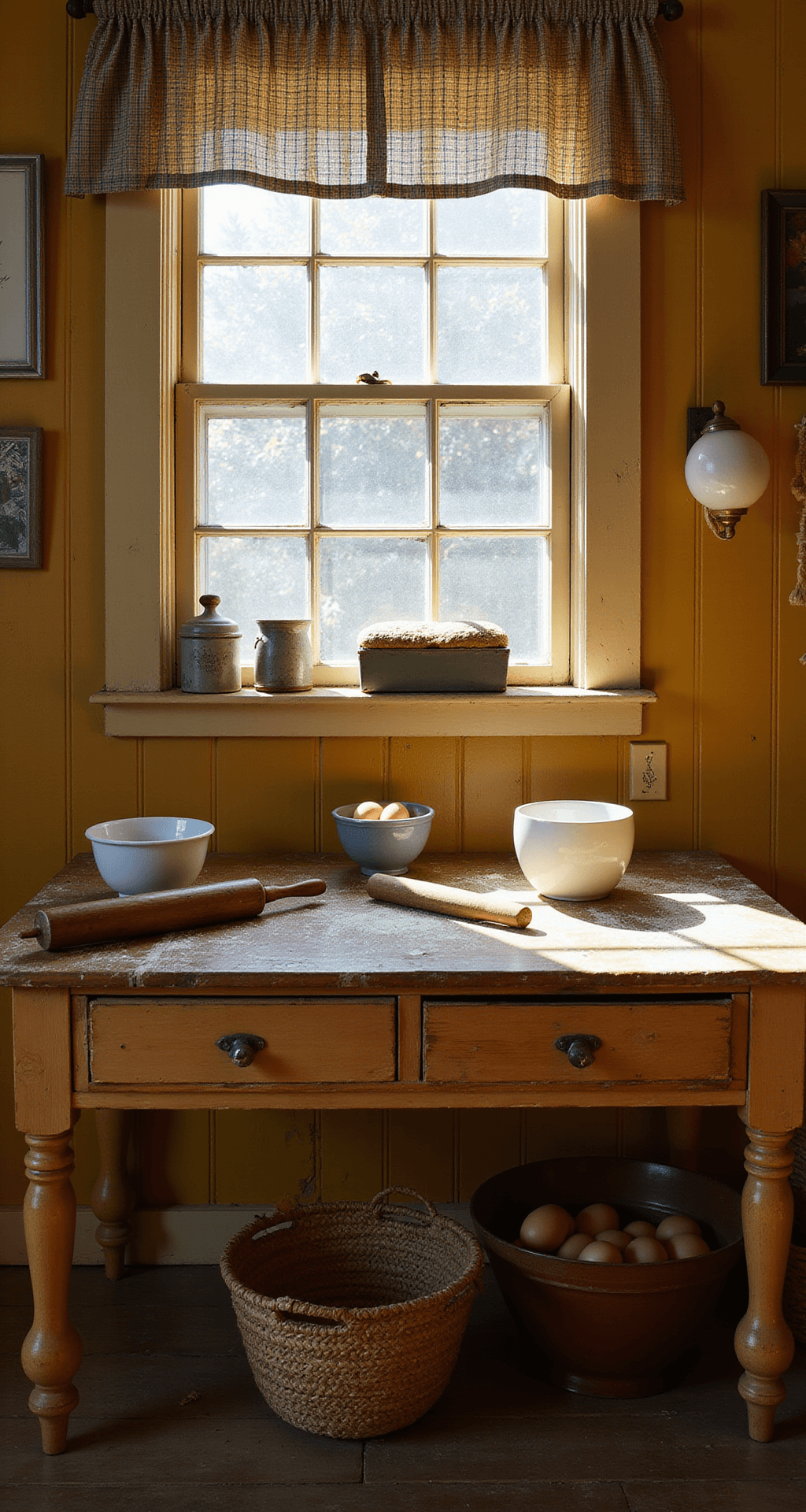 A sunlit primitive kitchen with a flour-dusted pine table, vintage bread boxes, ceramic mixing bowls, and a basket of eggs, set against a mustard yellow beadboard and gingham curtains; knife-marked butcher block visible.