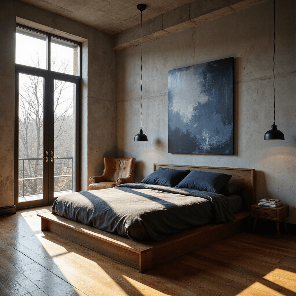 A spacious masculine bedroom featuring a dark walnut platform bed with charcoal linen bedding, navy accent pillows, industrial pendant lights, and a vintage leather armchair, all bathed in golden late afternoon light with raw concrete walls and warm wooden flooring.