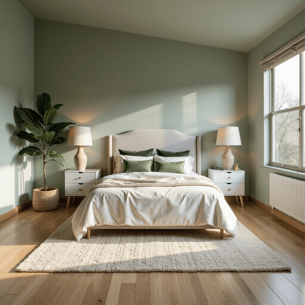 A tranquil sage green bedroom featuring a queen-sized bed with ivory linen and sage green velvet pillows, large windows capturing golden hour light, Scandinavian-style nightstands with warm lamp light, and a textured cream rug, all set against wide-plank white oak flooring.