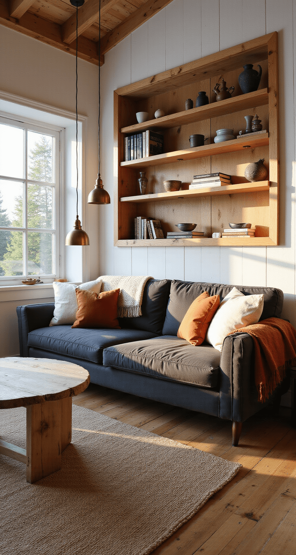 A cozy 12x14ft cabin living space at golden hour, featuring sunlight streaming through large west-facing windows onto whitewashed pine walls. A charcoal gray sofa with wool throws, oak shelving with pottery and books, a weathered wood coffee table, brass pendant lights, and a jute rug on hardwood floors.