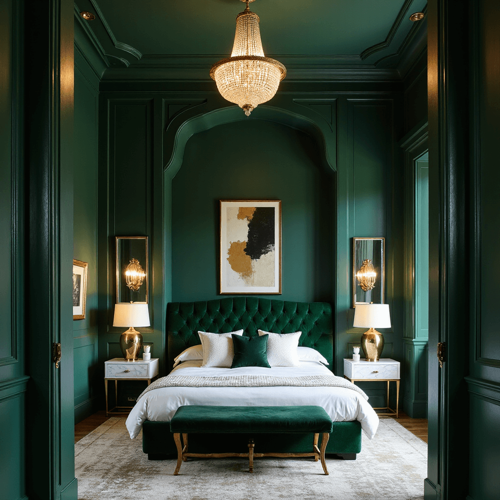 Opulent emerald green master bedroom with tray ceiling, featuring a king-sized bed with a velvet headboard, crystal chandelier, brass accents, and abstract art, captured in warm evening light.