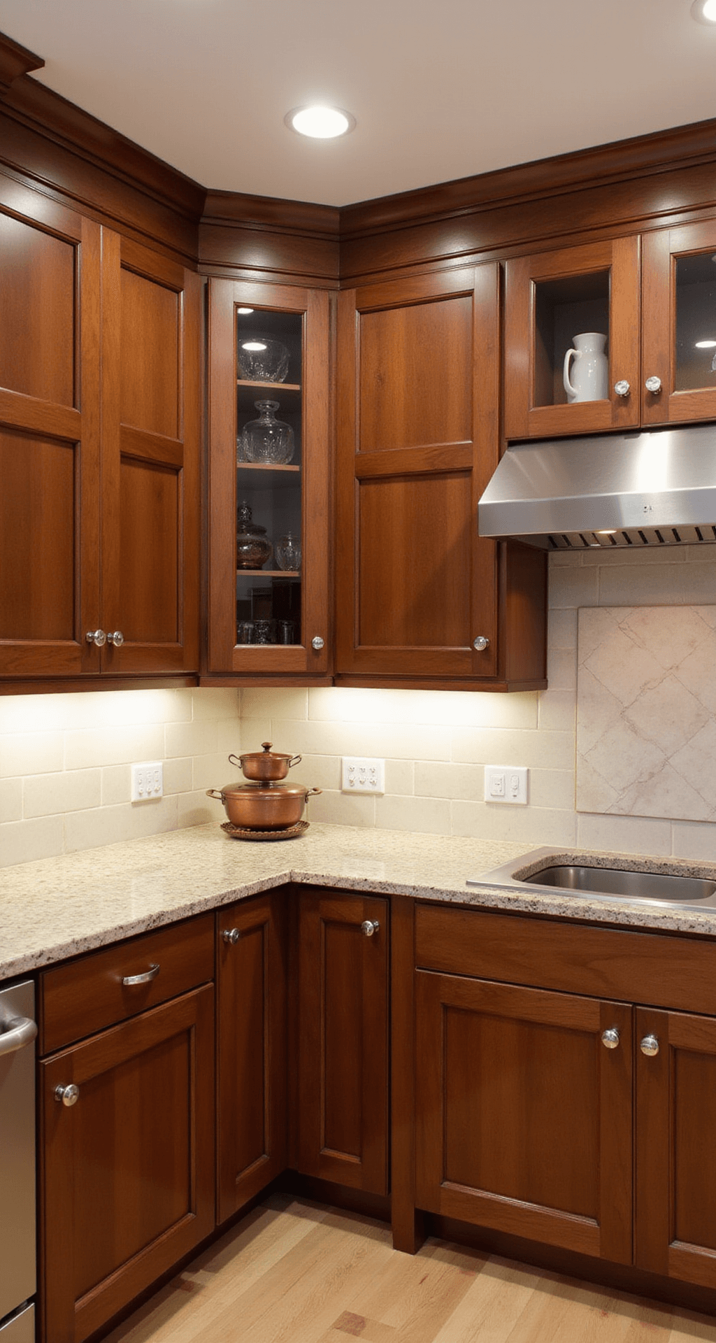 Transitional L-shaped kitchen with warm chestnut-stained alder cabinets, glass-front displays, marble backsplash, and polished nickel pulls; features recessed and under-cabinet LED lighting, crystal decanters, and copper cookware in a rich earth-tone palette.