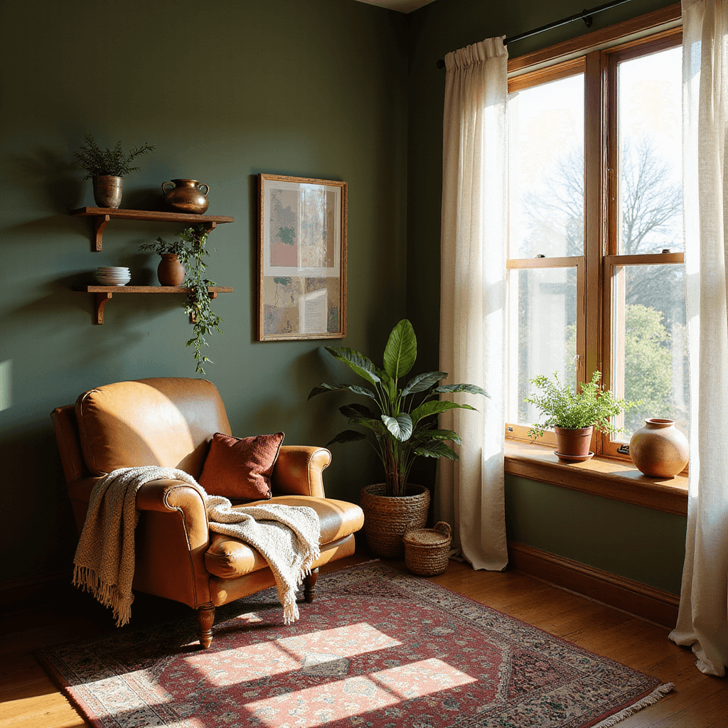 A cozy olive green reading nook in a 12x14 foot bedroom, featuring an oversized leather chair with a handwoven throw, morning light filtering through sheer linen curtains, floating wooden shelves with brass objects and trailing plants, a vintage Persian rug over seagrass, and terracotta accents in pottery and cushions, captured at a 45-degree angle.