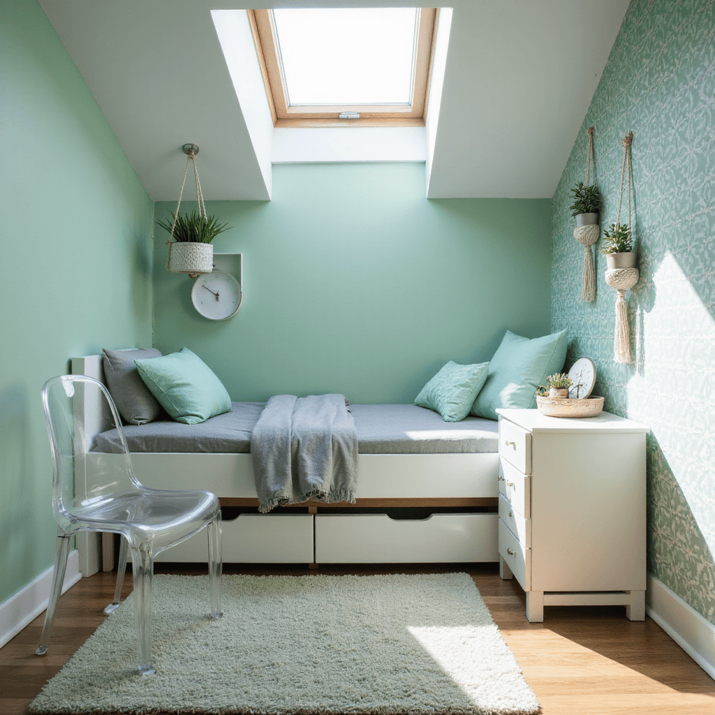 A bright and youthful mint green teen bedroom featuring a platform twin bed with grey linen and mint accent pillows, a white lacquered desk with an acrylic ghost chair, and a geometric wallpaper feature wall. Natural light from a skylight highlights macramé plant hangers with potted succulents, shot from an elevated position to capture geometric patterns and clean lines.