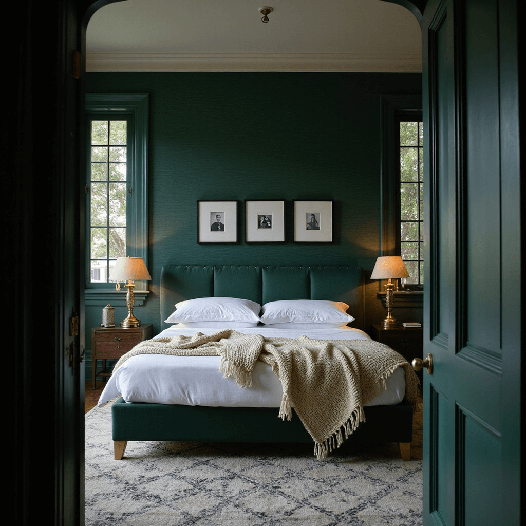A sophisticated master suite with forest green grasscloth wallpaper, featuring a California king bed, ambient lighting from vintage brass floor lamps, and a black and white photography gallery wall, all set in a moody atmosphere enhanced by dusk lighting through floor-to-ceiling windows.