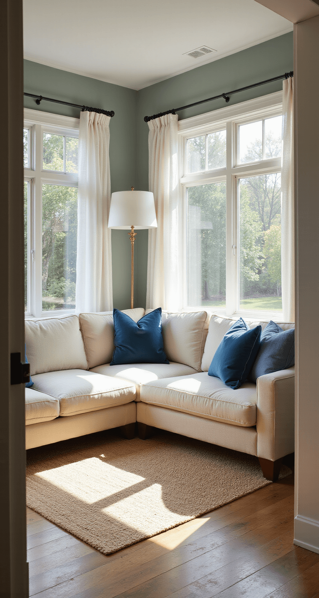 A spacious living room with floor-to-ceiling windows, late afternoon sunlight, a cream L-shaped sofa, blue velvet pillows, natural jute rug, sheer linen curtains, brass floor lamp, and soft bokeh effect.