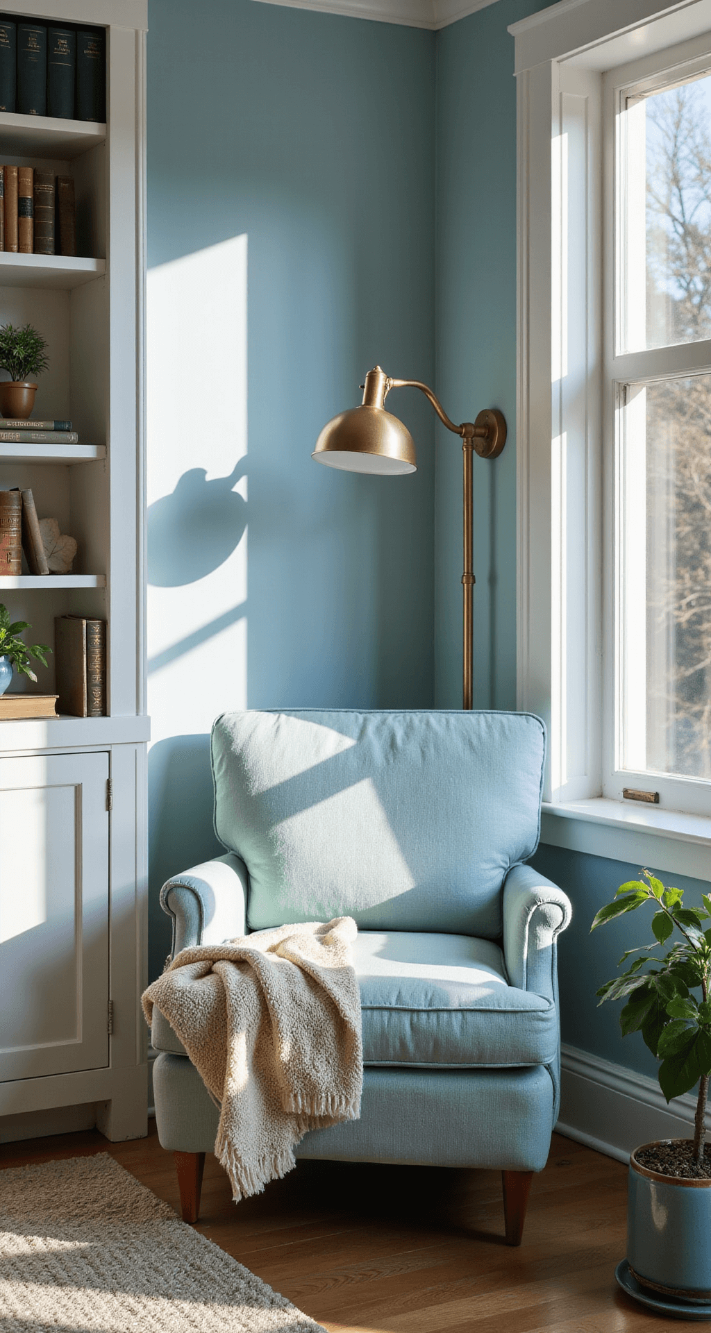 A cozy corner reading nook in a powder blue living room, featuring an oversized pale blue linen armchair with a brass reading lamp. Cream wool throw, white built-in bookshelf, small ceramic side table with vintage books. Fiddle leaf fig in blue-glazed pot. Geometric shadows from early morning light.