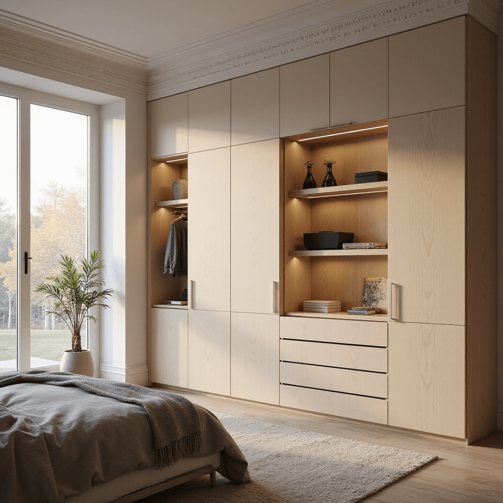 A minimalist wardrobe in a contemporary bedroom, featuring custom white oak cupboards, soft natural light from floor-to-ceiling windows, and a neutral palette, captured during golden hour from a 45-degree angle.